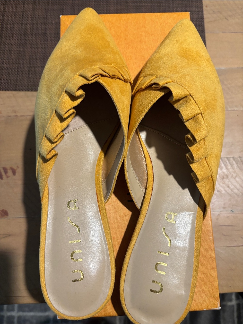 Unisa Mustard Yellow Suede Pointed Ruffle Mule - Picture 2 of 3